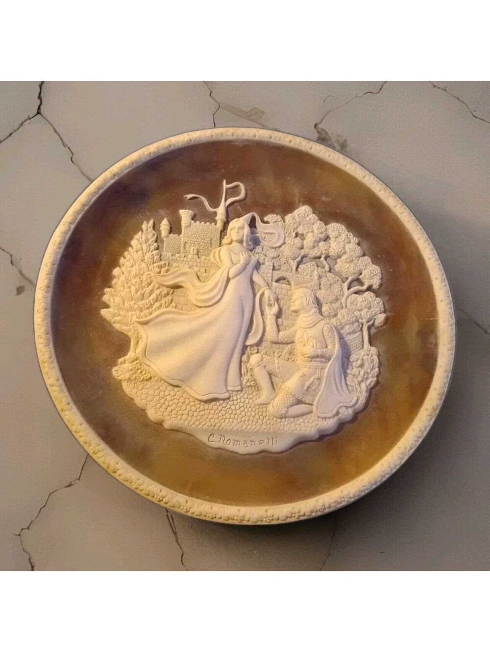 C. Romanelli Plate LANCELOT & GUINEVERE Hand Crafted Incolay Stone No. 01562